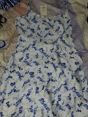 a new day White Midi Dress with Blue Floral Print and Adjustable Straps